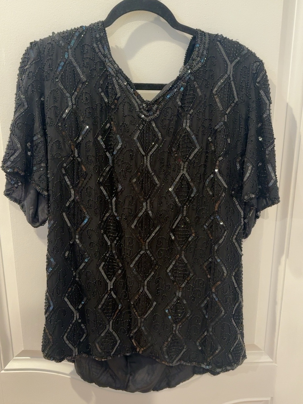 Vintage Stenay Woman 2X Black Silk Beaded Sequin Evening Blouse Plus Size